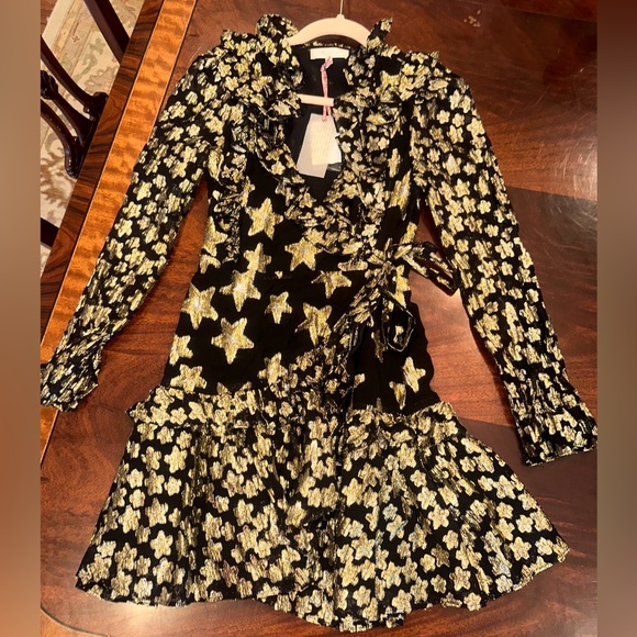 LoveShack Fancy Black Findlay Gold Star Wrap Mini Dress - Picture 3 of 5